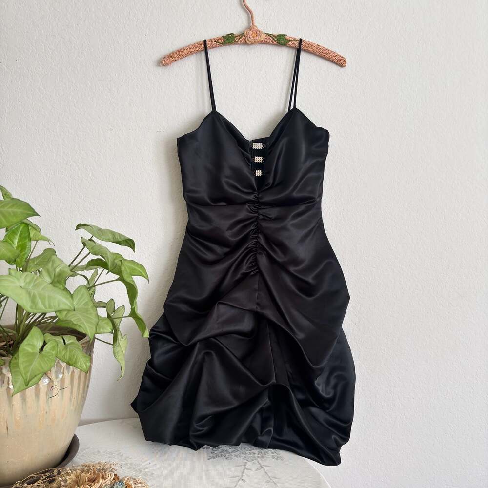 Vintage 80s Black Liquid Satin Mini Dress With Ruching Small Extra Small - ,